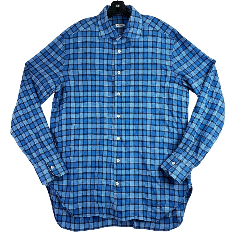 Kiton Plaid Button Down Shirt Mens XL Blue Italian Luxury Spread Collar